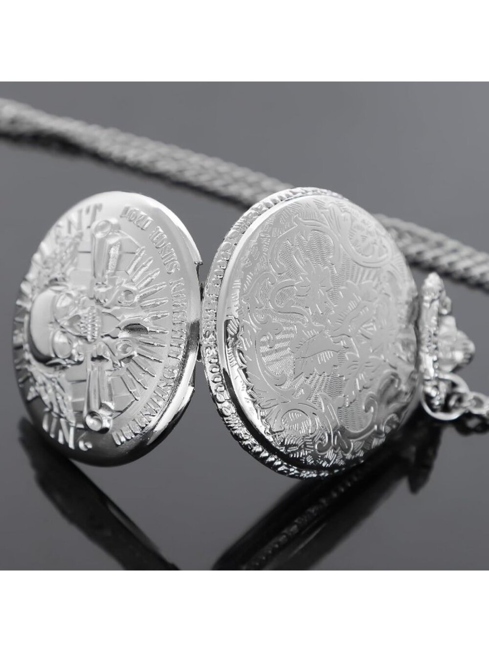 Men's Silver Analog Quartz Arabic Numerals Engraved Skull Vintage Pocket Watch - Picture 5 of 7